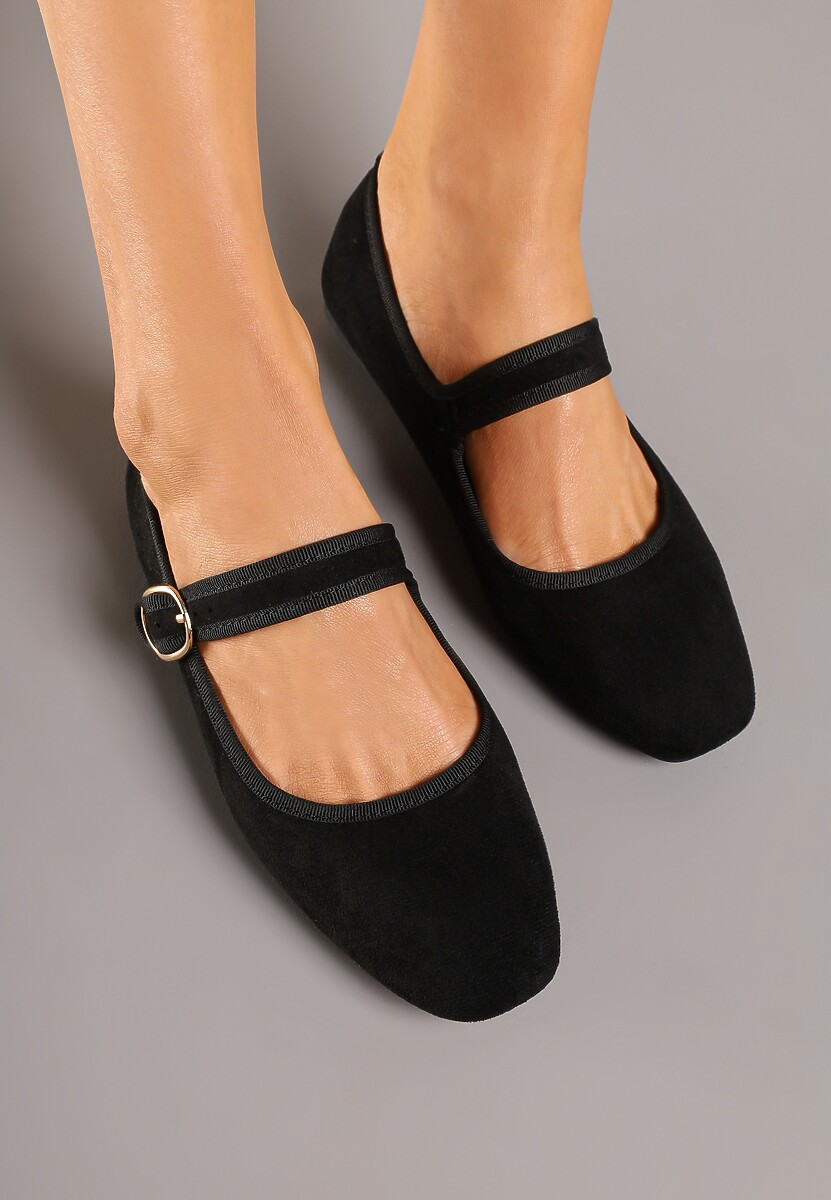 Czarne Balerinki w Stylu Mary Jane z Imitacji Zamszu Lisalira