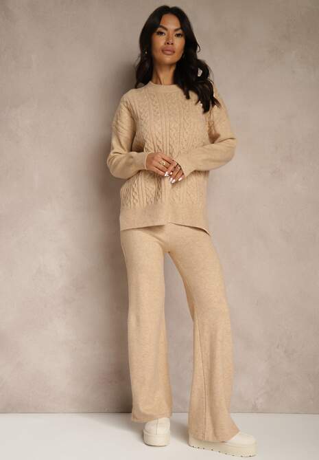Beżowy Dzianinowy Komplet z Wełną w Warkoczowy Splot Spodnie i Sweter Reinette