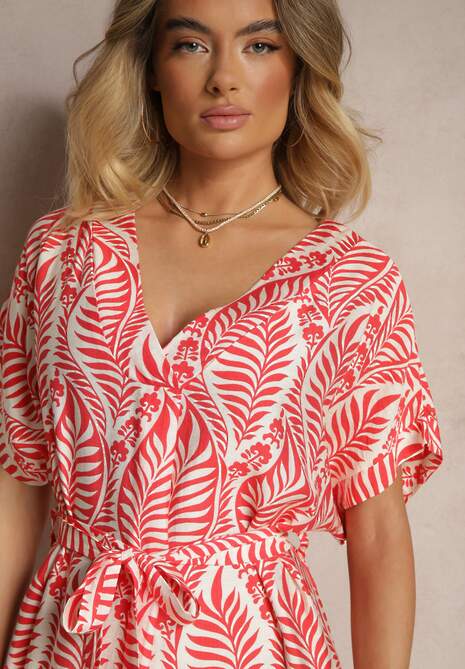 Czerwona Sukienka z Wiskozy Ozdobiona Paskiem i Motywem Liści Belozi