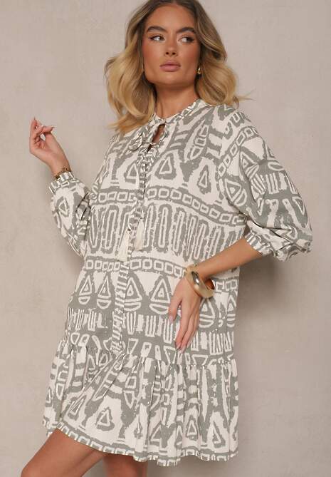 Zielona Rozkloszowana Sukienka z Wiskozy w Etniczny Print z Wiązaniem z Frędzlami Ravpio