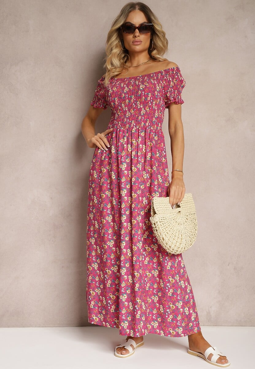 Ciemnoróżowa Kwiecista Sukienka Hiszpanka z Wiskozy z Gumką w Talii Naadia