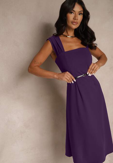 Fioletowa Klasyczna Sukienka z Szerokimi Ramiączkami Devielle