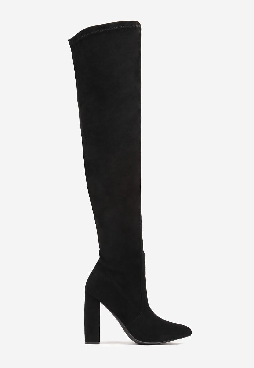 Czarne Dopasowane Kozaki za Kolano na Słupku Bellami