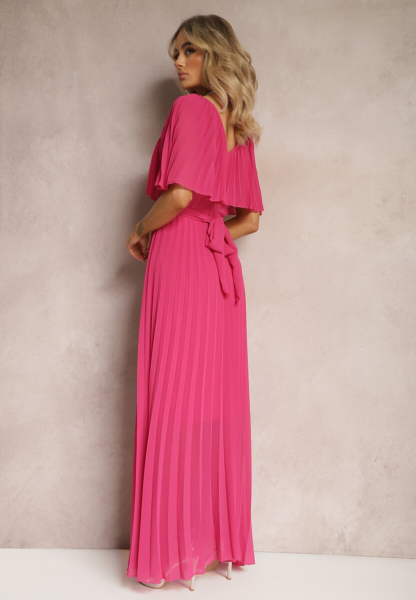 Ciemnoróżowa Plisowana Sukienka z Gumką w Pasie z Falbaną Przy Dekolcie Drenia