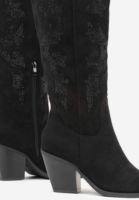 Czarne Kozaki Kowbojki na Stożkowym Obcasie z Aplikacją z Cyrkoniami Zevrine