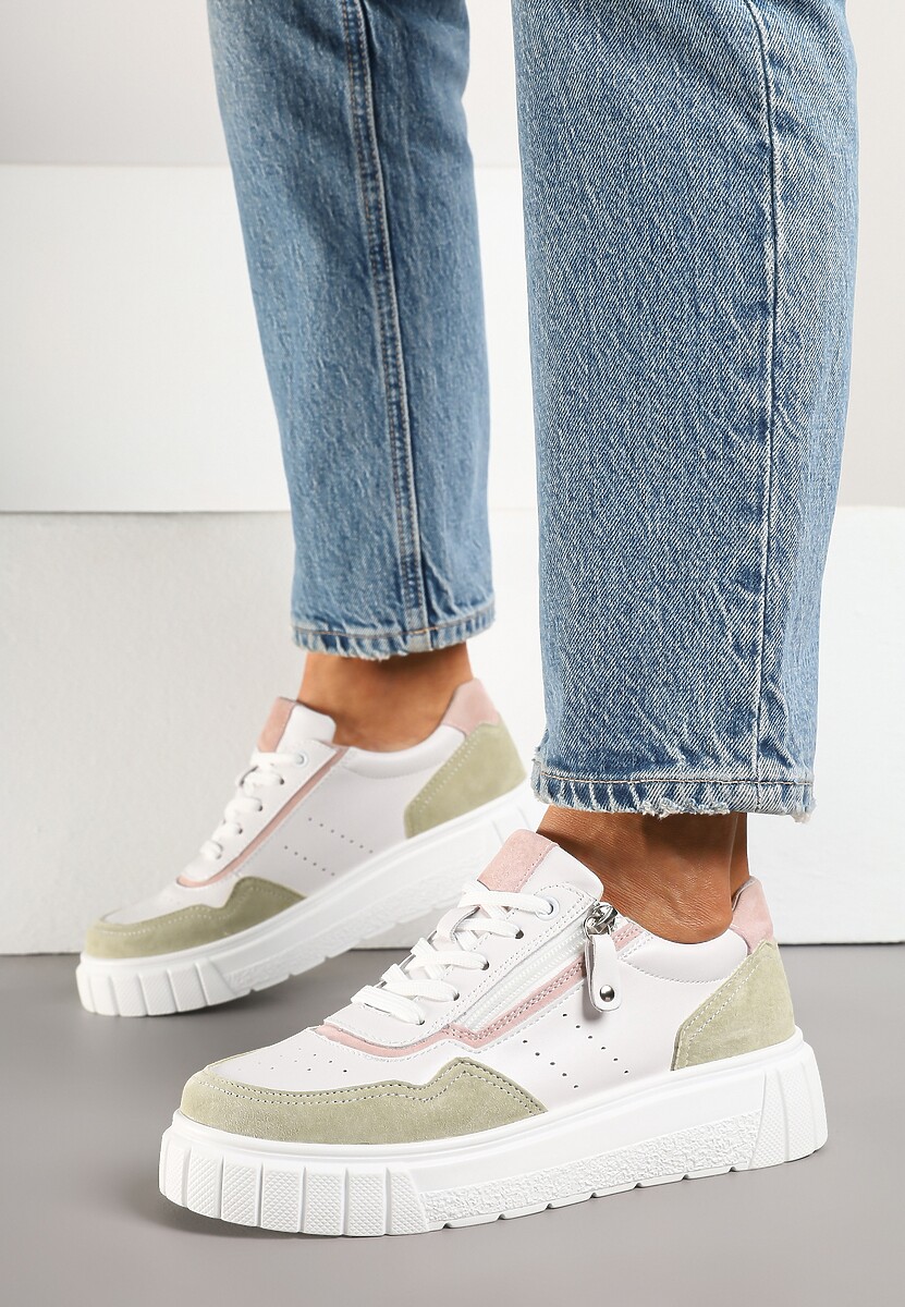 Biało-Zielone Streetwearowe Sneakersy ze Skóry Naturalnej z Ozdobnym Suwakiem Eleavenna