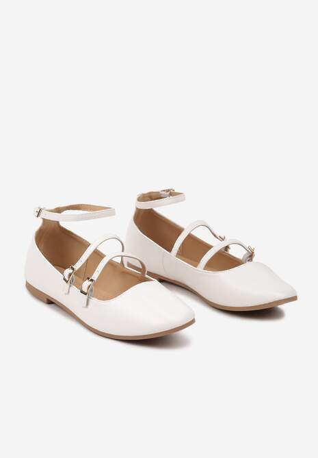 Białe Klasyczne Balerinki Zapinane na Paseczki z Ozdobnymi Klamerkami Lerithana