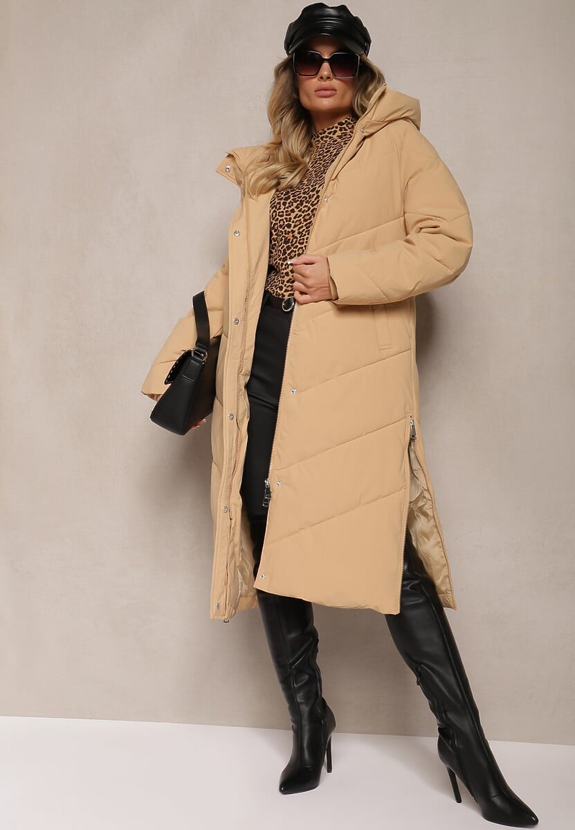 Granatowa Długa Kurtka Pikowana z Nieodpinanym Kapturem Nerindale