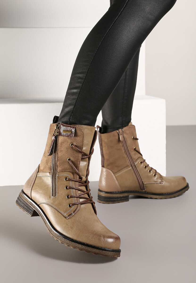 Ciemnobeżowe Botki Sznurowane z Zamkiem Hiyab