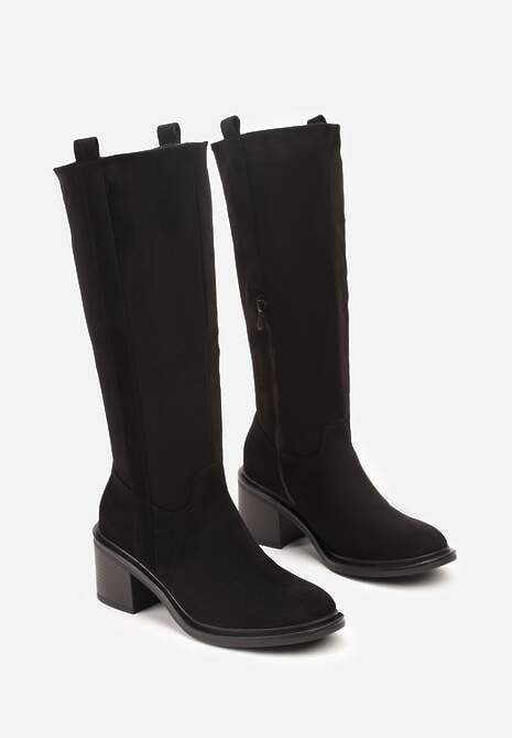 Czarne Kozaki Oficerki Vices na Obcasie Zdobione Paskami przy Cholewce Giorela