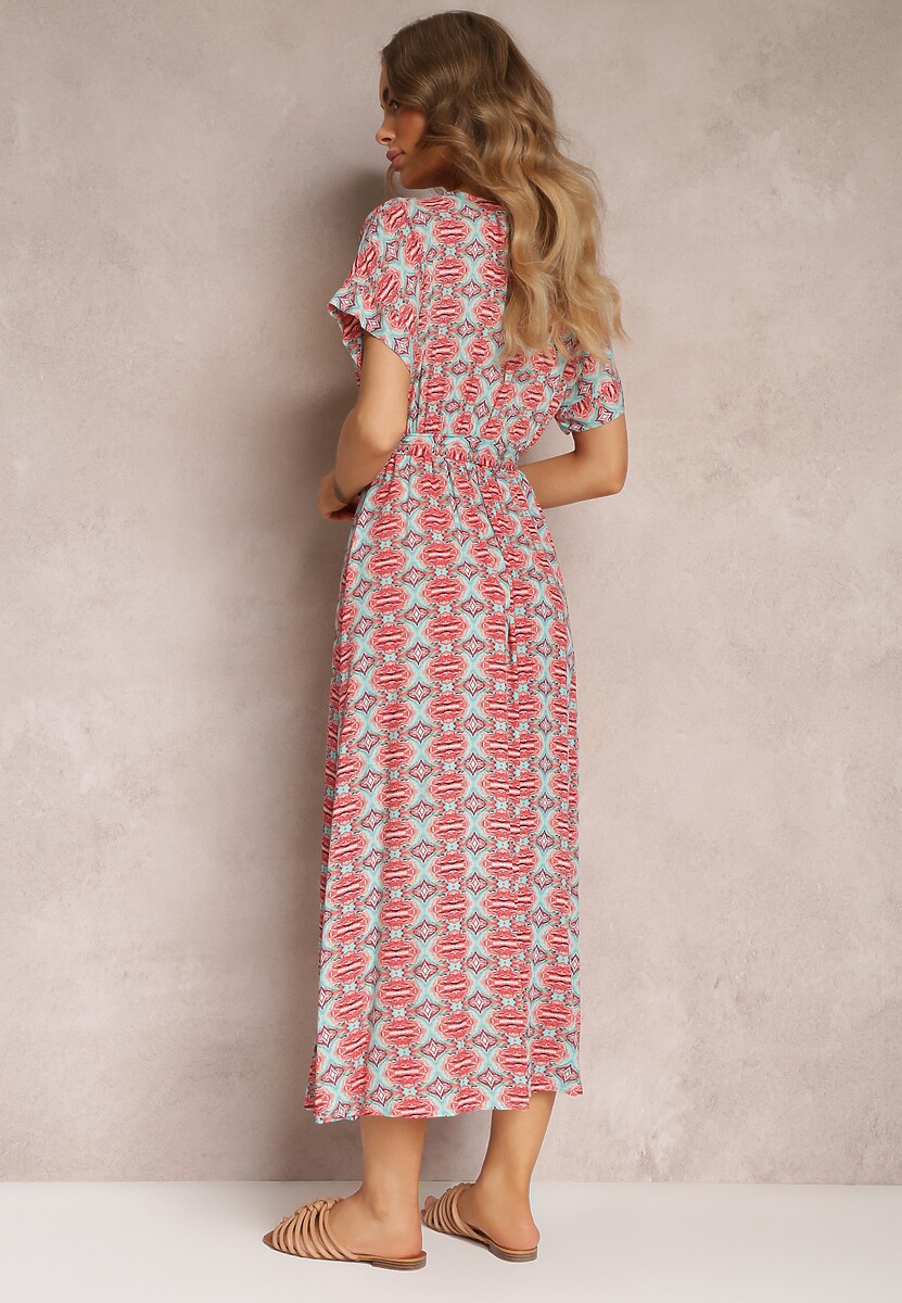 Czerwona Rozkloszowana Sukienka z Wiskozy z Gumką w Pasie Branda