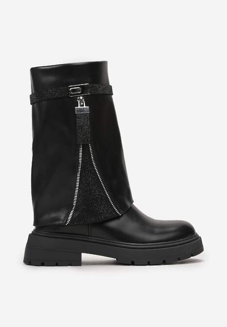 Czarne Botki z Wywiniętą Cholewką i Wstawką w Cyrkonie Romppe