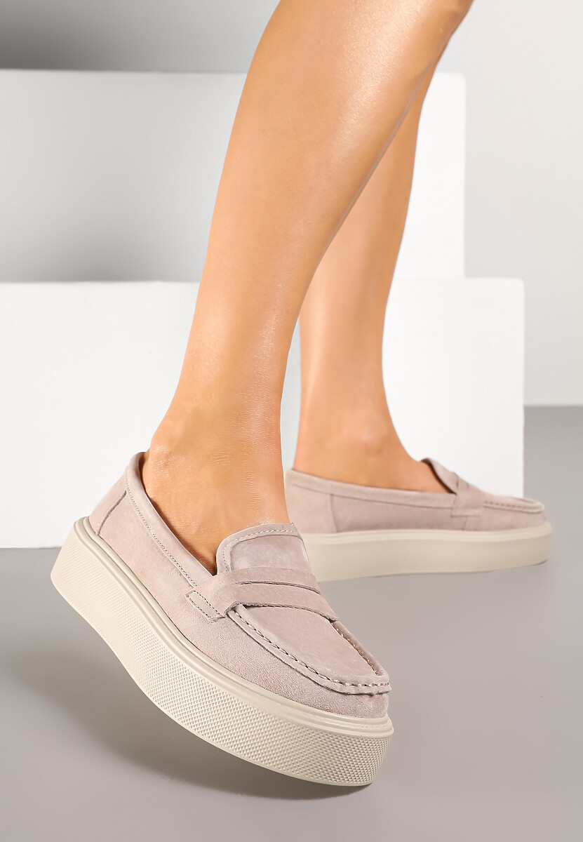 Niebieskie Mokasyny na Grubej Podeszwie z Wkładką ze Skóry Naturalnej Polvia