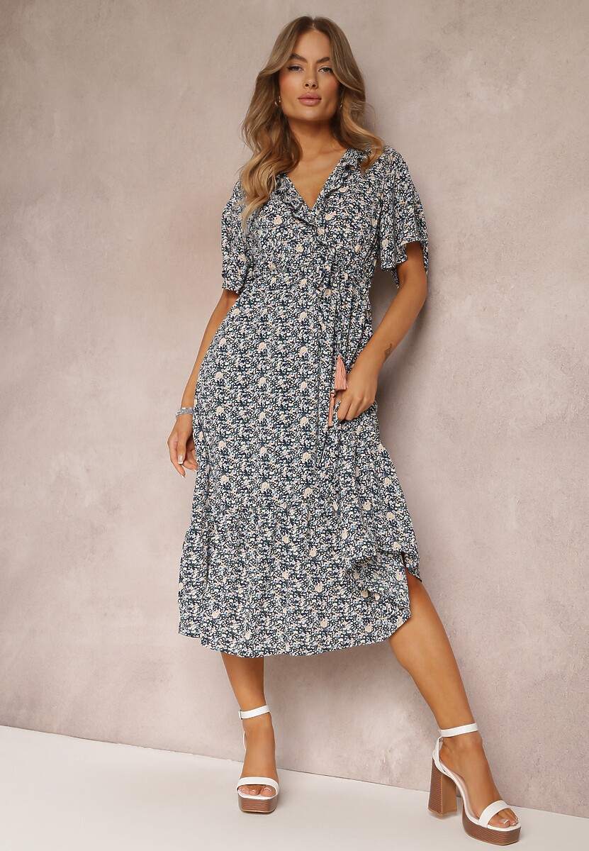 Granatowa Sukienka Midi z Falbankami Kopertowym Dekoltem i Gumką w Pasie Denila