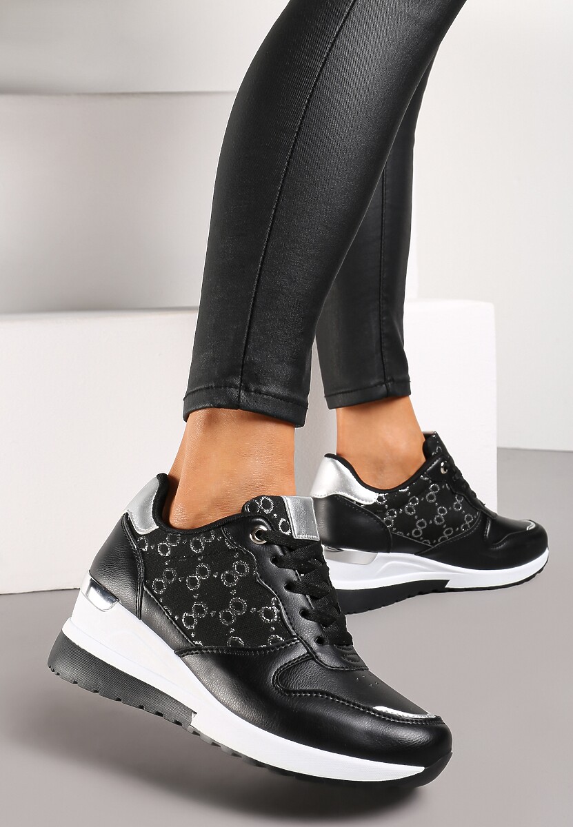 Czarne Sneakersy na Koturnie z Metaliczną Wstawką Derine