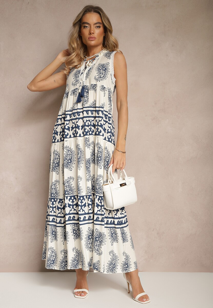 Niebieska Rozkloszowana Sukienka z Wiskozy Wiązana pod Szyją w Print Paisley Nreadia