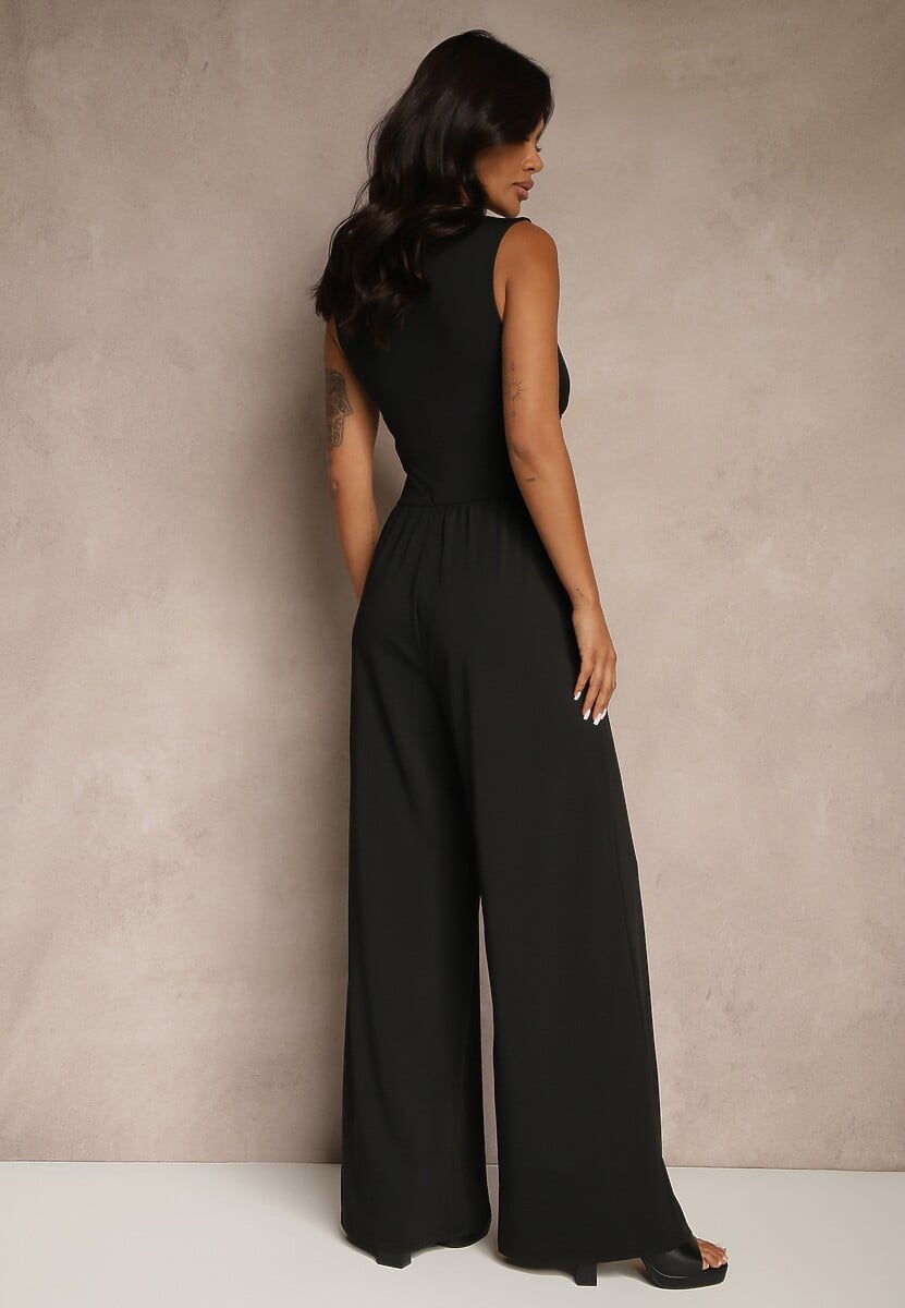 Czarny Taliowany Kombinezon Wide Leg z Wiskozą Baniselia