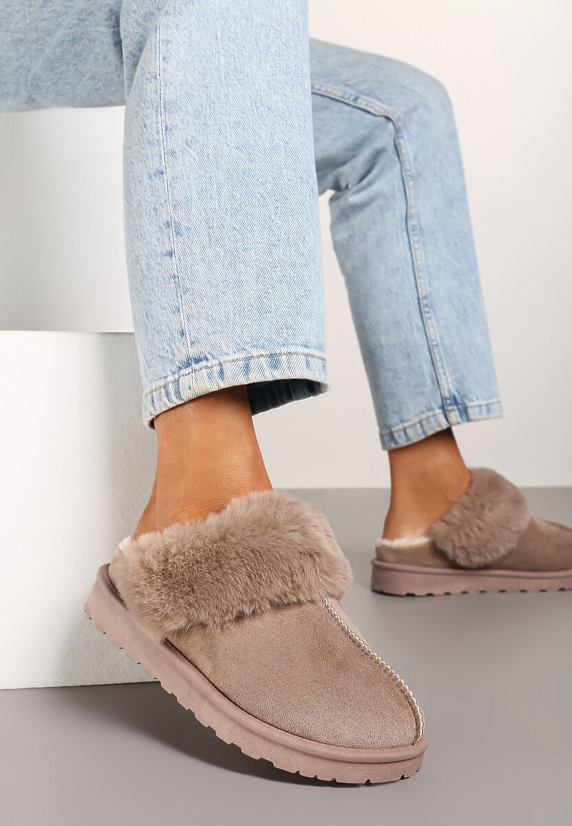 Ciemnobeżowe Kapcie z Ekozamszu z Futrzaną Wyściółką Zoleti