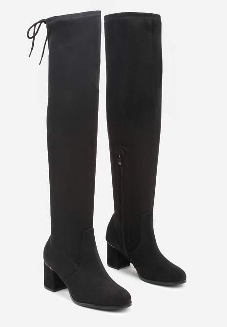 Czarne Kozaki Muszkieterki na Słupku z Wiązaniem z Tyłu Idivelle