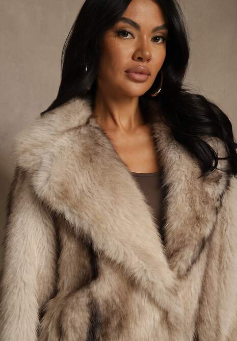 Beżowa Jednorzędowa Kurtka Futerko z Szerokim Kołnierzem Tesandra