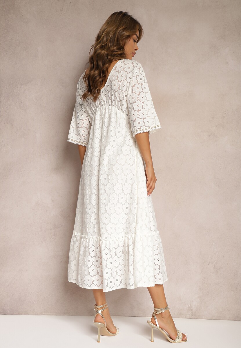 Biała Sukienka z Koronką i Dodatkiem Bawełny Wykończona Wiązaniem i Gumką w Talii Jasevia