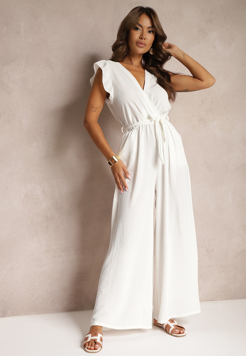 Jasnoróżowy Koktajlowy Kombinezon Wiązany Paskiem Wykończony Falbankami przy Ramionach Vimaseni