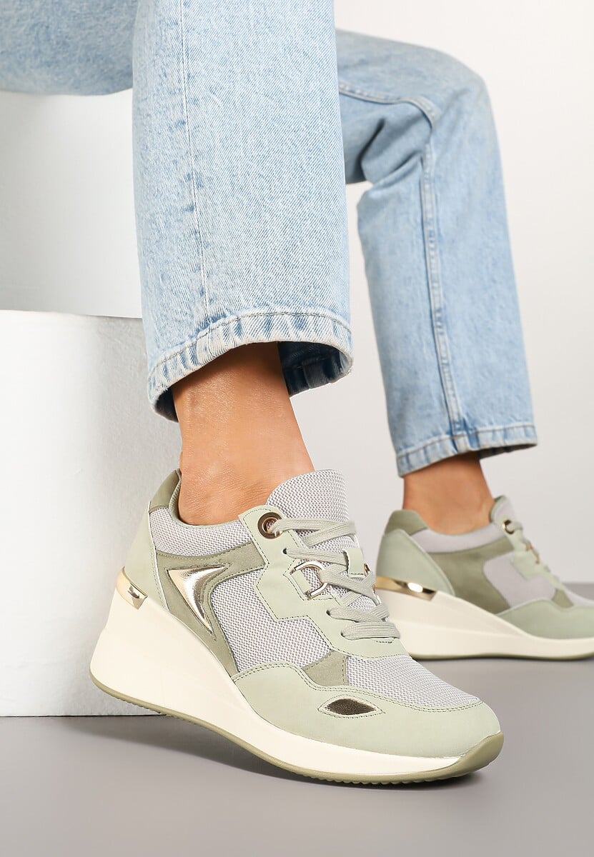 Beżowe Miejskie Sneakersy na Koturnie Cenerra