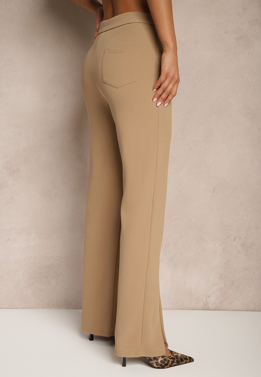 Ciemnobeżowe Spodnie z Wiskozą High Waist w Eleganckim Stylu Tatariela