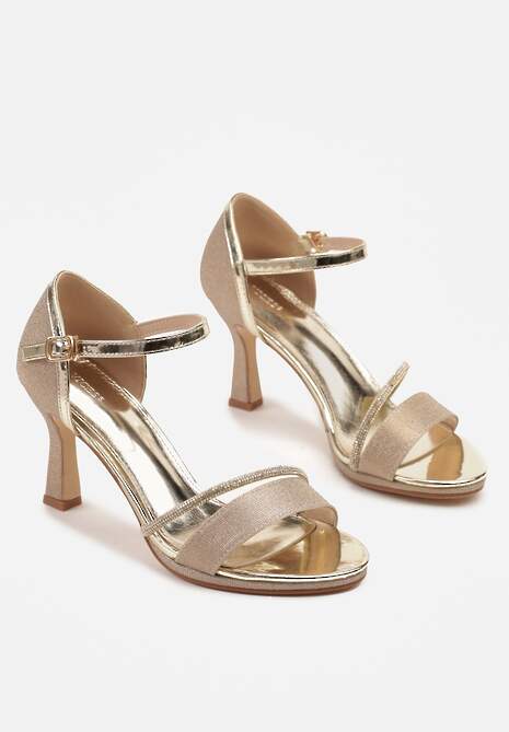 Złote Sandały na Szpilce Vices Ozdobione Cyrkoniami i Brokatem Lenallis