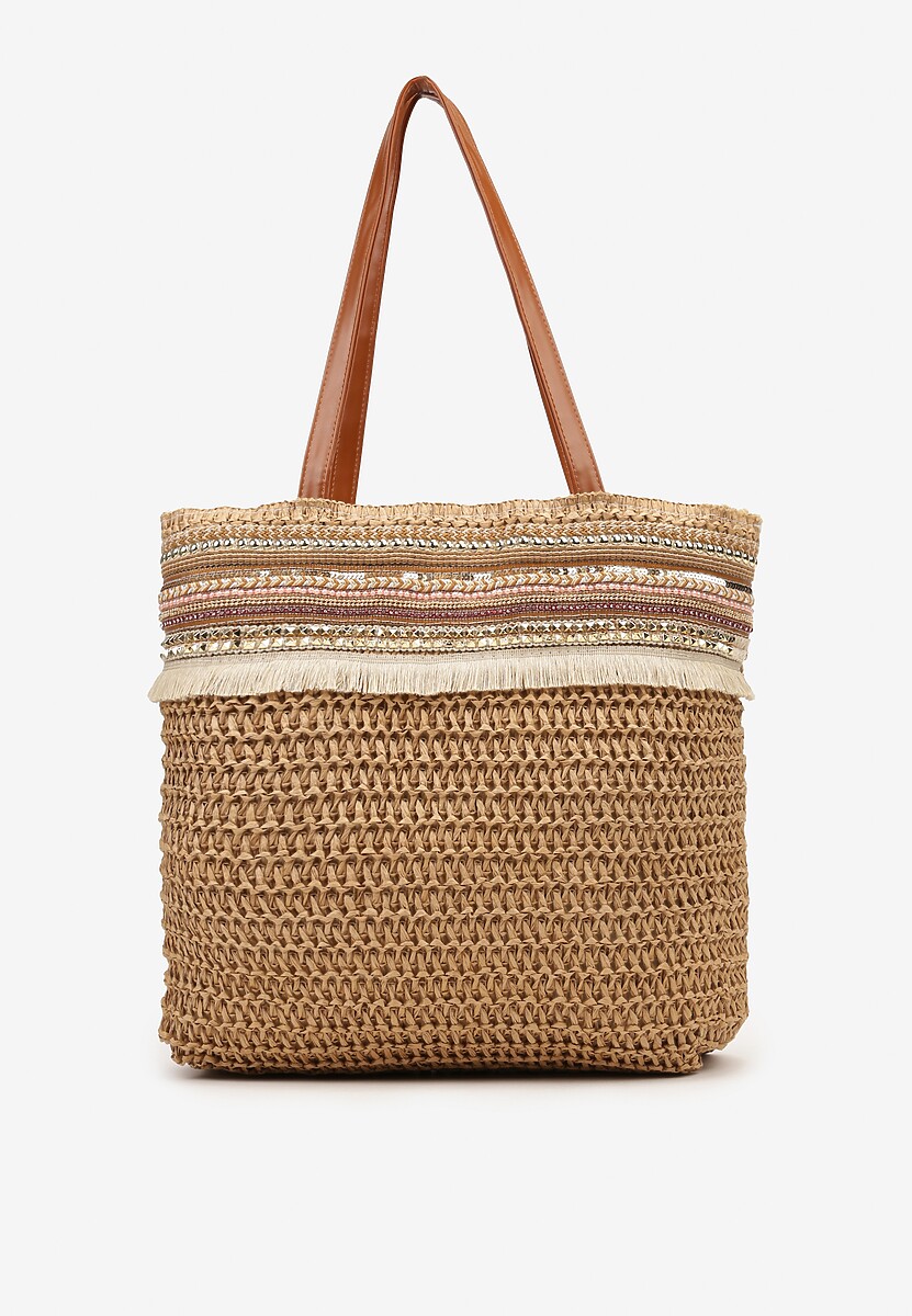 Brązowa Pleciona Duża Torebka Ozdobiona Frędzlami Rivarasia