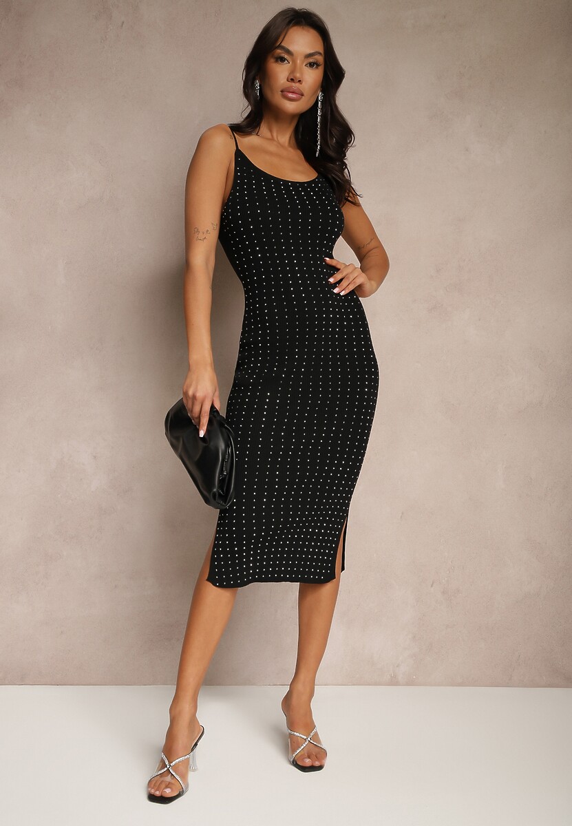 Czarna Dzianinowa Sukienka z Wiskozą o Dopasowanym Kroju z Cyrkoniami i Rozcięciem Selianael