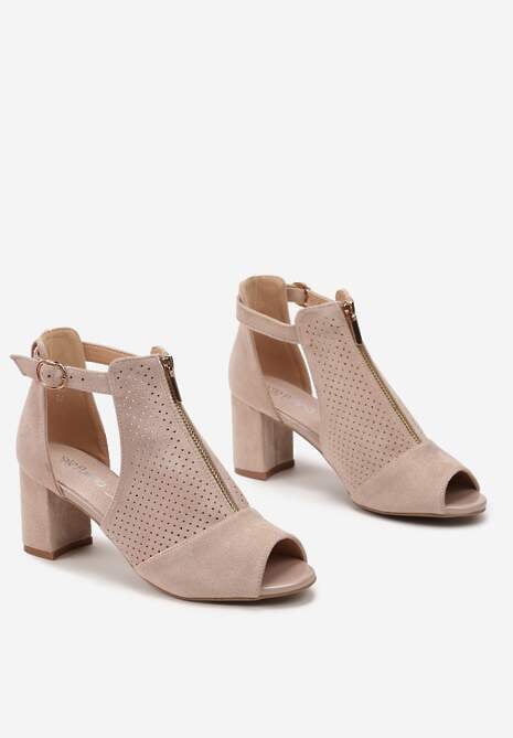 Beżowe Sandały na Obcasie z Suwakiem Zdobione Perforacją i Wycięciami c
