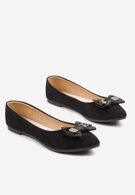 Czarne Balerinki z Wkładką ze Skóry Naturalnej Ozdobione Kokardą Galunea
