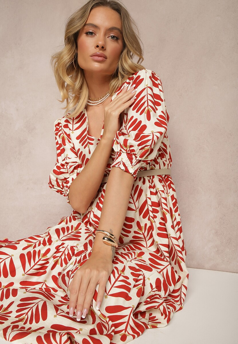 Czerwona Sukienka z Wiskozą o Rozkloszowanym Kroju w Roślinny Wzór Heledis