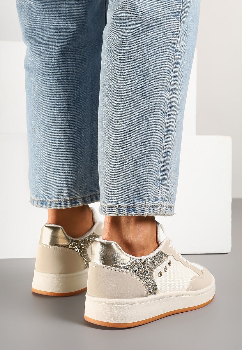 Beżowe Streetwearowe Sneakersy Zdobione Przeszyciami Neonisea