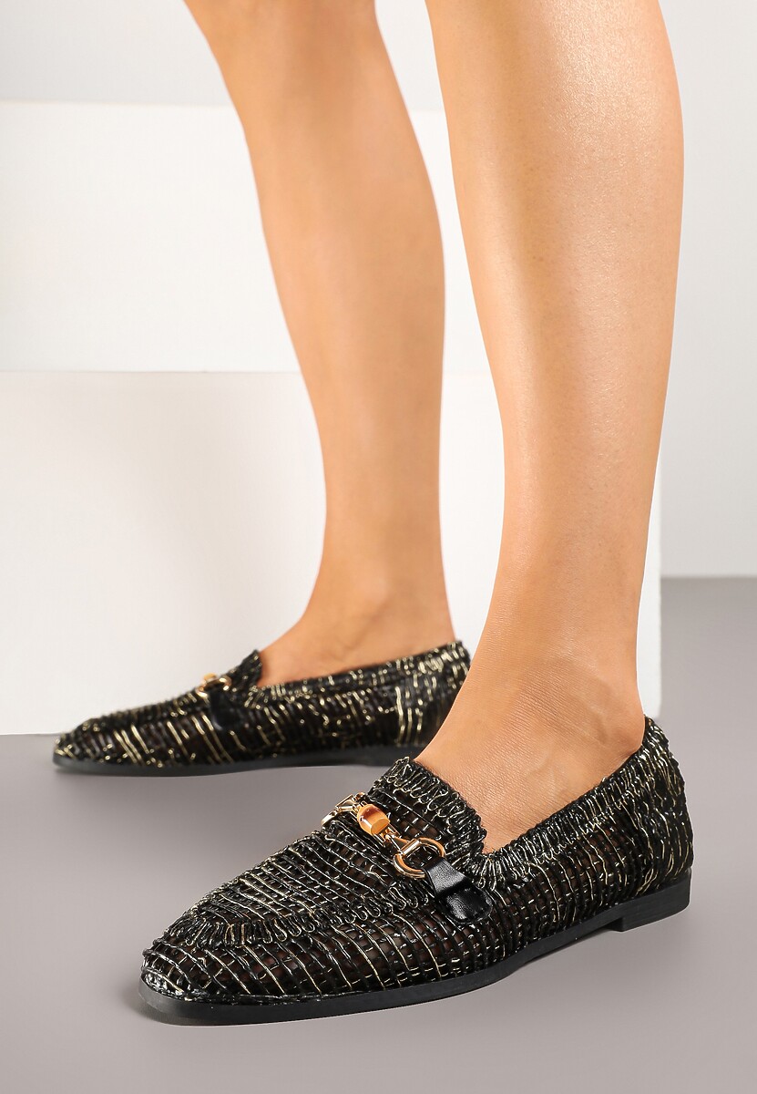 Czarne Ażurowe Mokasyny Loafersy z Klamrą Koliswena