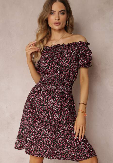 Czarno-Czerwona Bawełniana Sukienka z Gumką w Talii o Fasonie Hiszpanki Jazmi