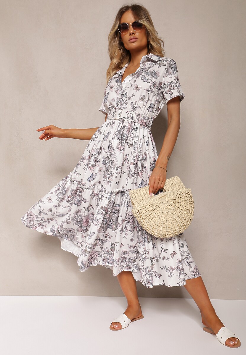 Biało-Szara Rozkloszowana Sukienka Koktajlowa z Paskiem Ozdobionym Klamrą i Gumką w Pasie Vimalinne