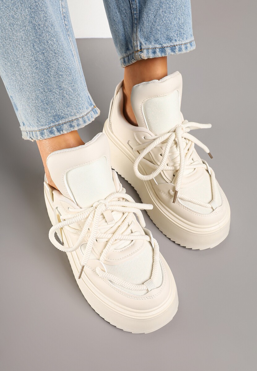Beżowe Sneakersy na Platformie Ozdobione Sznurowaniem Vilvia