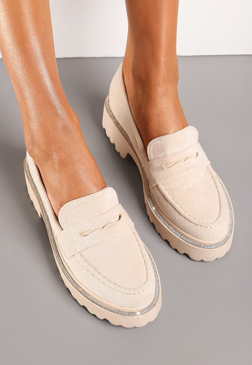 Beżowe Mokasyny z Ekozamszu na Jednolitej Grubej Podeszwie Tiora