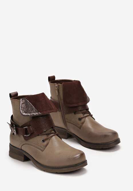 Ciemnobeżowe Workery Botki z Klamrą i Wywiniętą Cholewką Glenfia