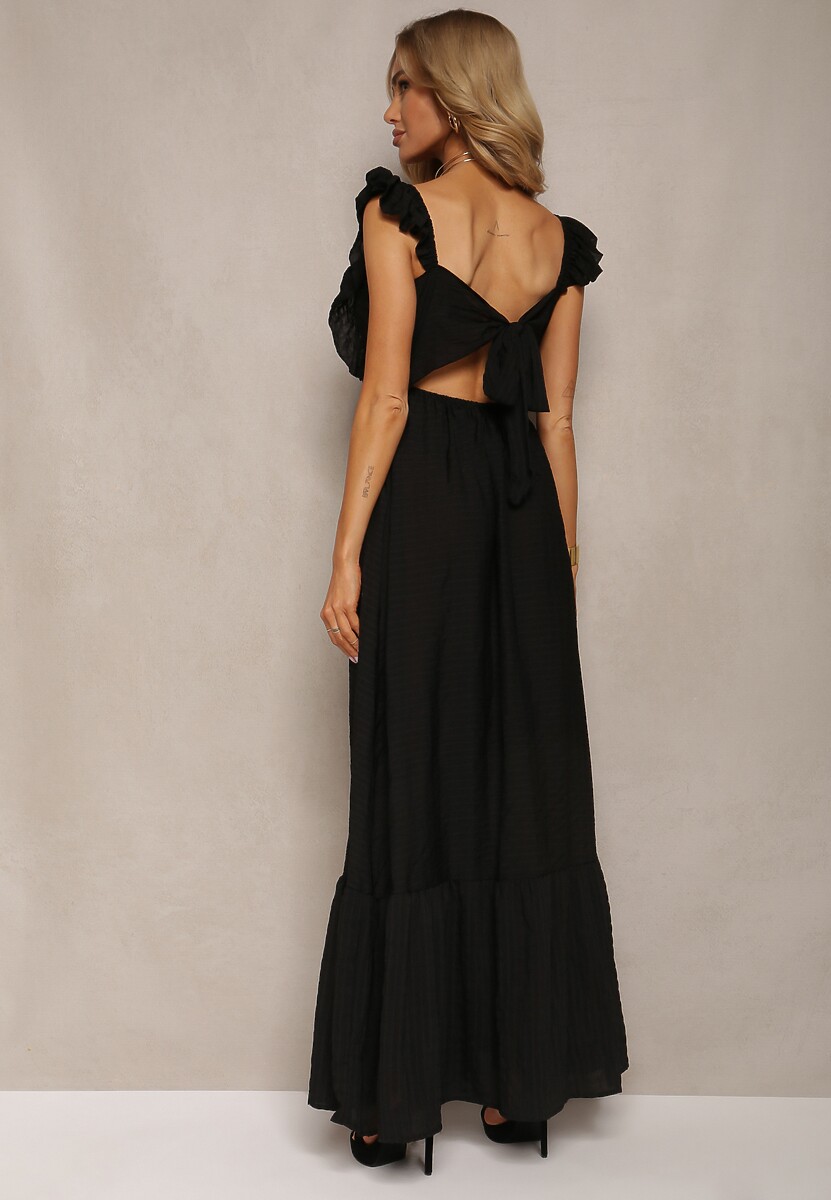 Czarna Sukienka z Wiązaniem na Plecach na Ramiączkach z Falbankami i Gumką w Pasie Rollas