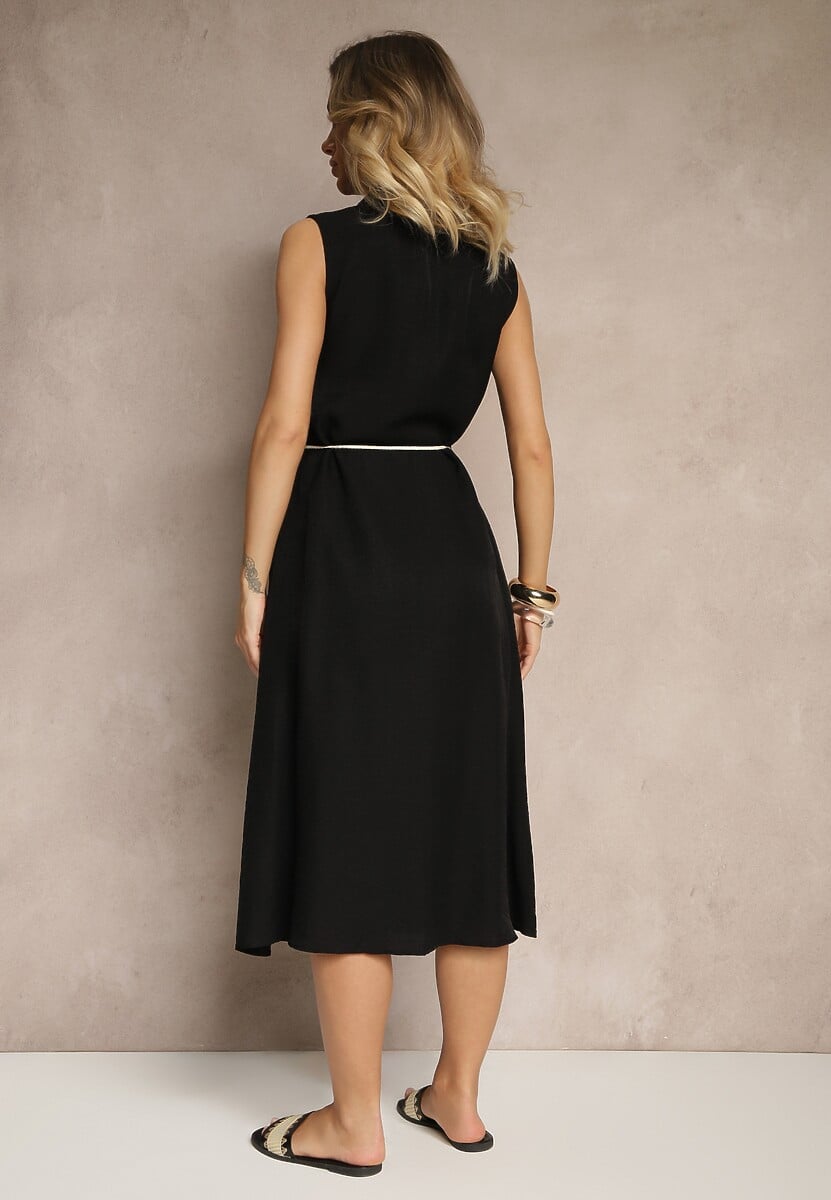 Czarna Sukienka z Wiskozy o Koszulowym Kroju z Ozdobnym Sznurkiem z Frędzlami Lavbia