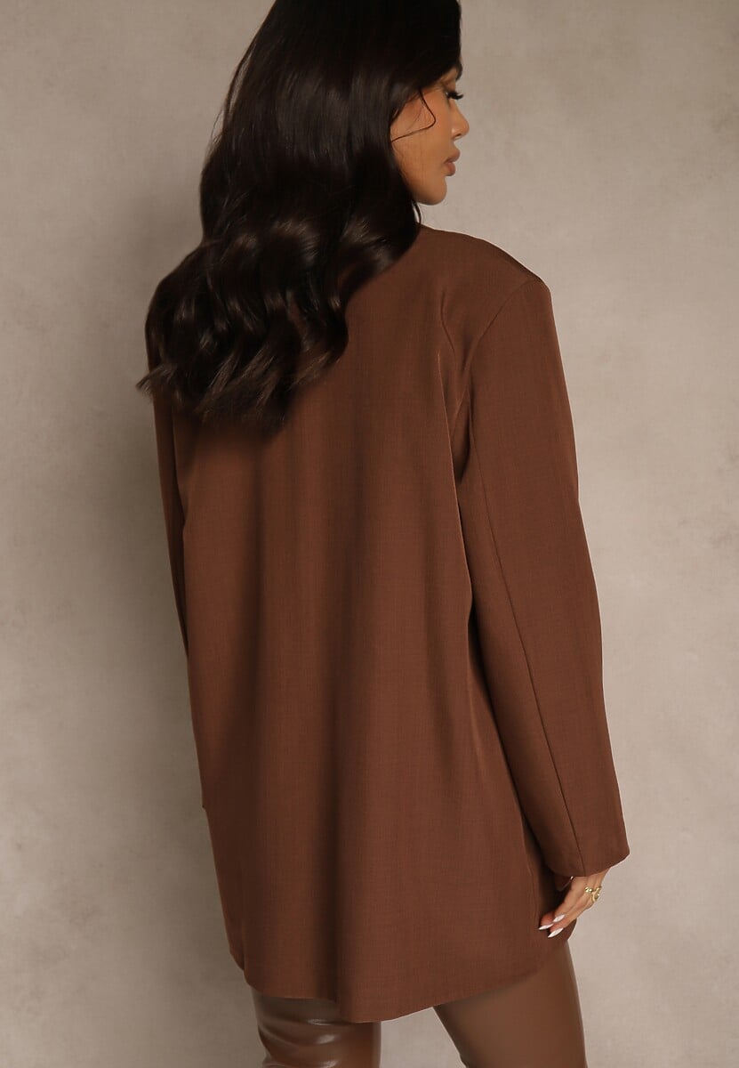 Brązowa Marynarka Dwurzędowa o Przedłużonym Fasonie Pilinne