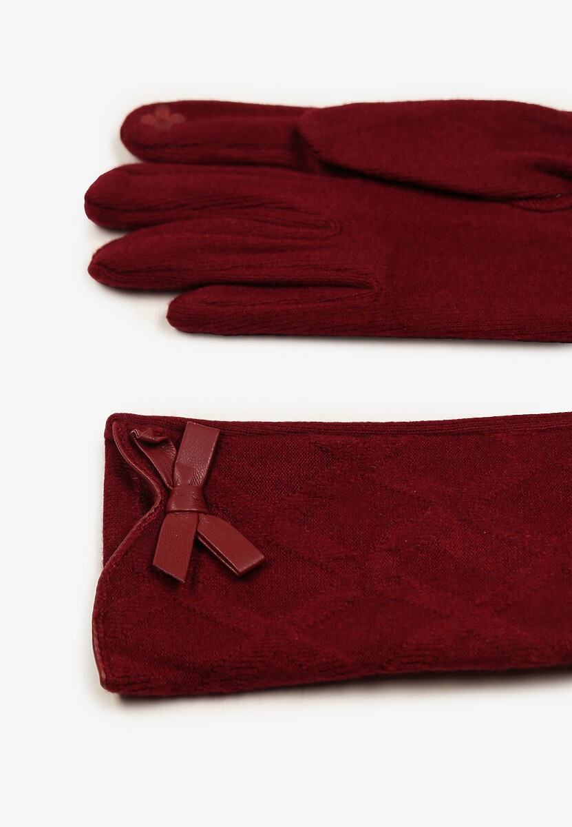Bordowe Rękawiczki Dzianinowe z Bawełną Ozdobione Kokardą Filremi