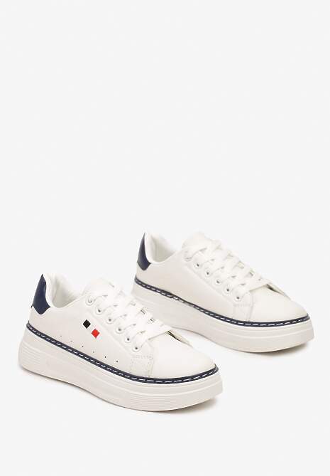 Biało-Granatowe Basicowe Sneakersy na Platformie Ozdobione Metalicznymi Wstawkami Vaiden