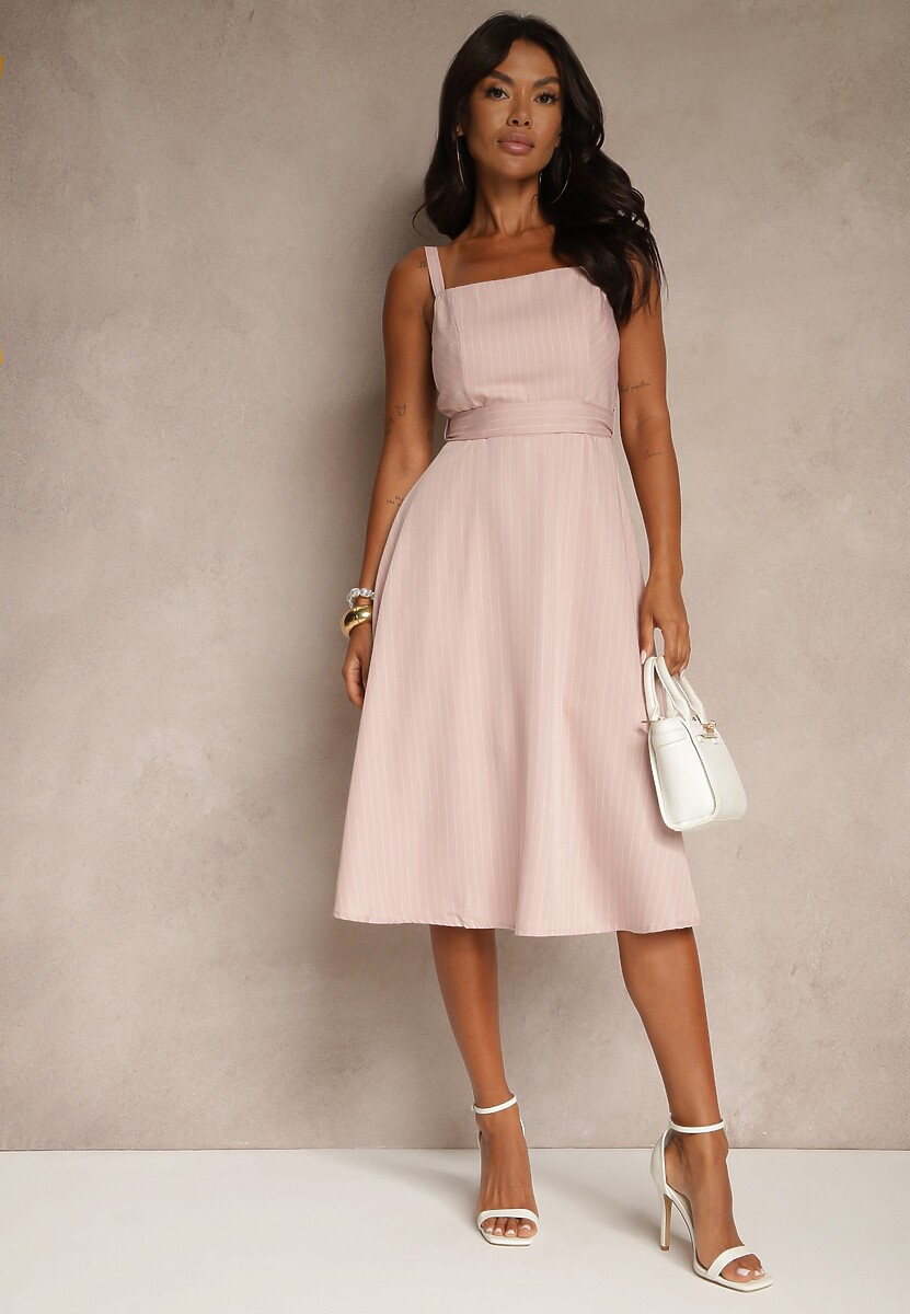 Różowa Rozkloszowana Sukienka z Wiskozą w Paski Dolavessa