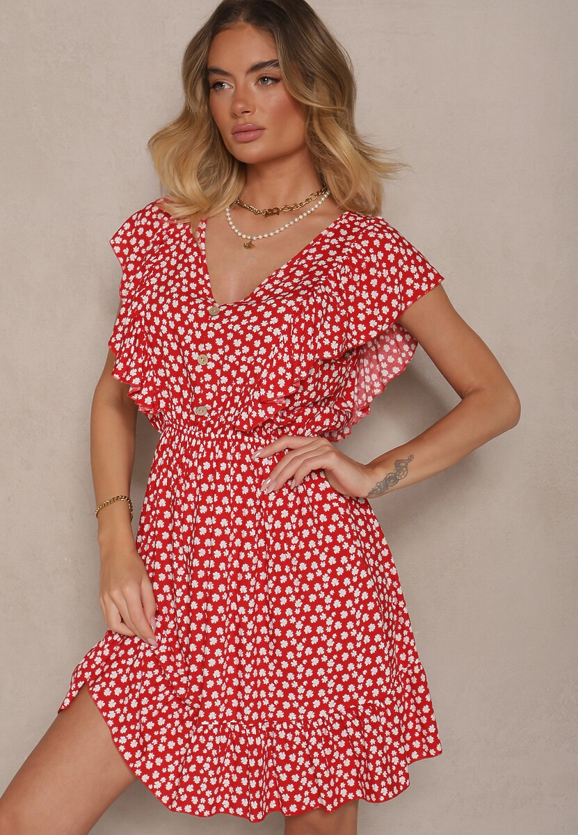 Biała Bawełniana Sukienka o Rozkloszowanym Kroju z Guzikami w Kwiatowy Wzór Roniva