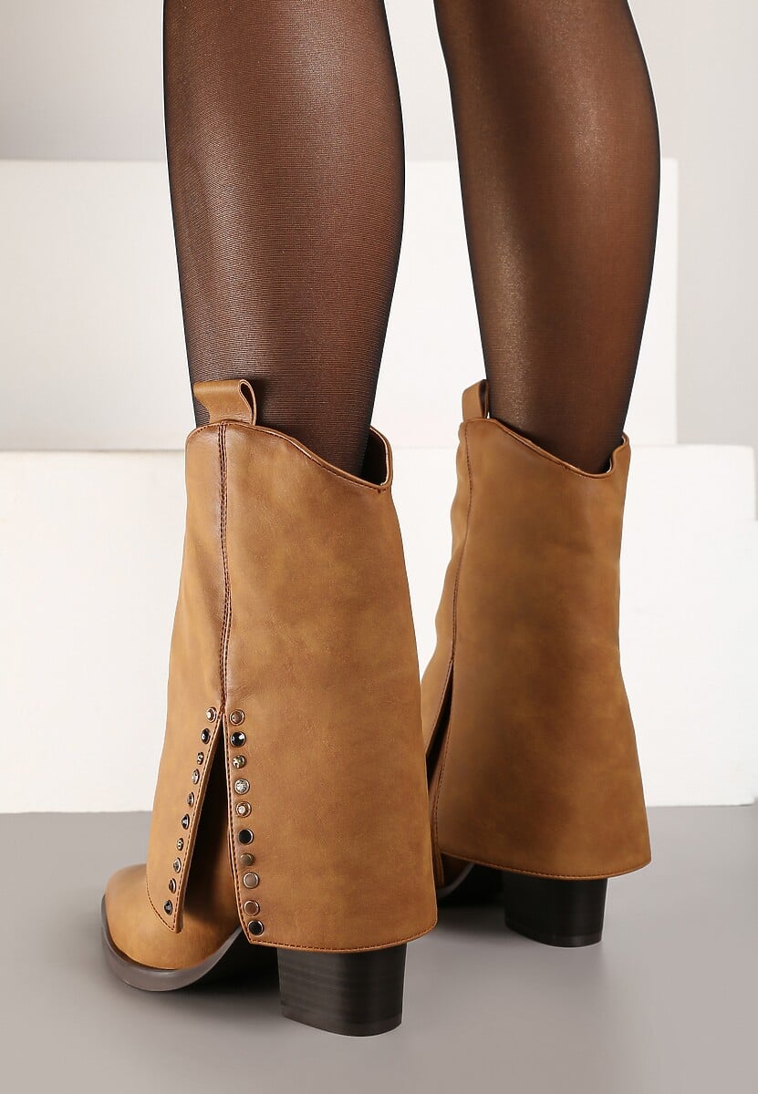 Brązowe Botki na Stożkowym Słupku Kowbojki z Wywiniętą Cholewką Mavora