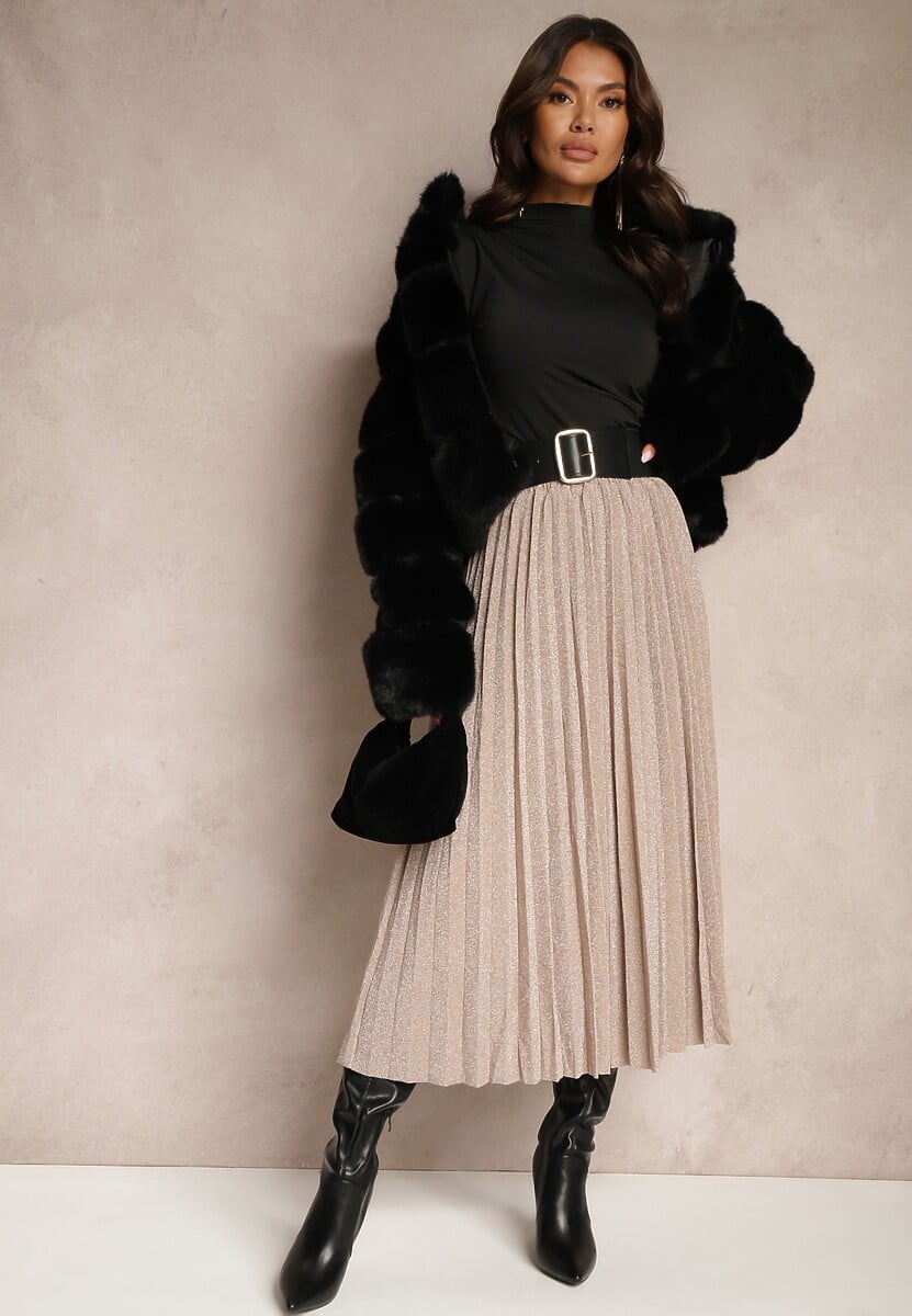 Czarna Połyskująca Spódnica o Rozkloszowanym Kroju z Gumką w Pasie i Plisami Edalliana